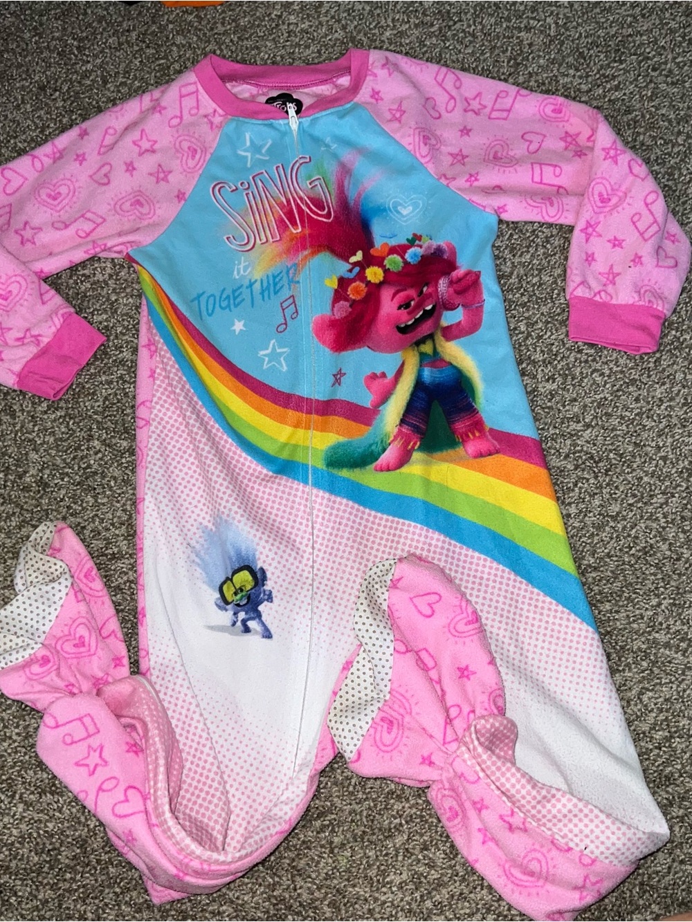 Trolls Rainbow Zip One-Piece Pajamas - Pink, Blue, Yellow, Green
